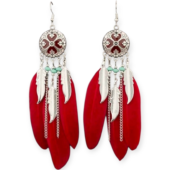 Flygirlclozetxo Jewelry - 💙Red and Silver Feather Earrings☆